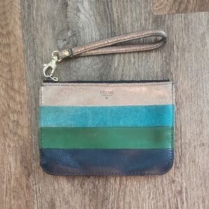 Fossil Colorblock Leather Wristlet Wallet Clutch Blue Green Metallic Striped